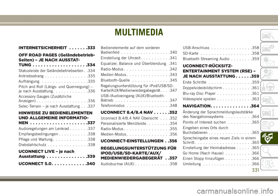 JEEP GRAND CHEROKEE 2017  Betriebsanleitung (in German) MULTIMEDIA
INTERNETSICHERHEIT.......333
OFF ROAD PAGES (Geländebetrieb-
Seiten) – JE NACH AUSSTAT-
TUNG....................334
Statusleiste der Geländebetriebseiten . .334
Antriebsstrang..........