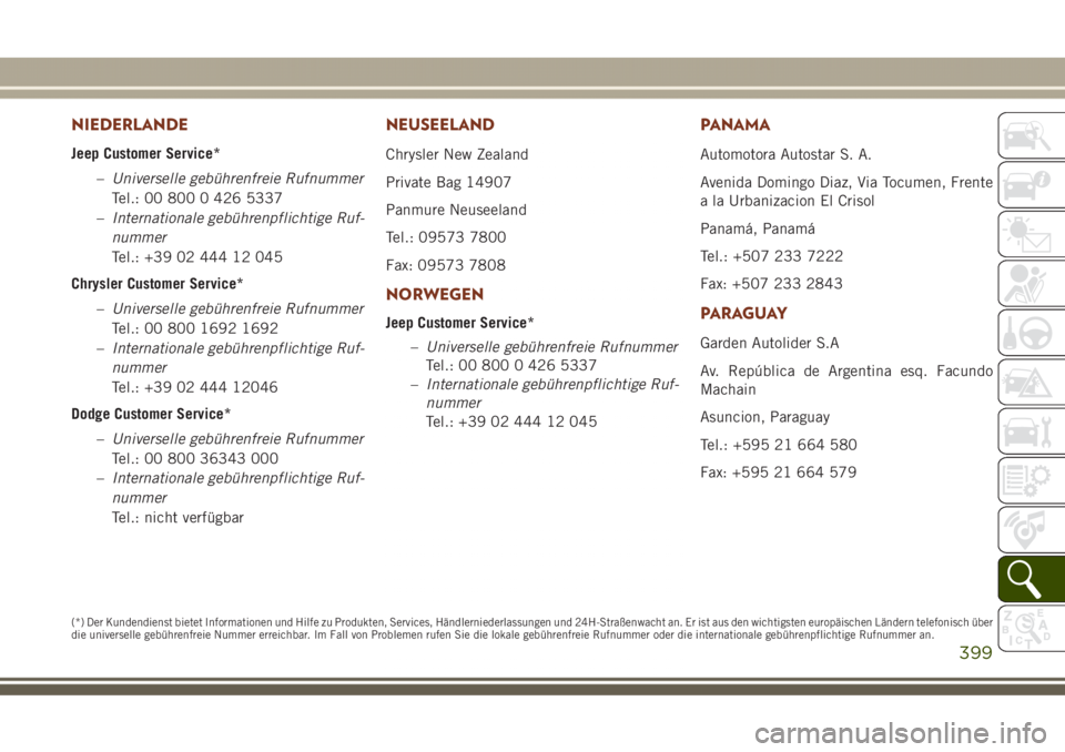 JEEP GRAND CHEROKEE 2017 Betriebsanleitung (in German) NIEDERLANDE
Jeep Customer Service*
–Universelle gebührenfreie Rufnummer
Tel.: 00 800 0 426 5337
–Internationale gebührenpflichtige Ruf-
nummer
Tel.: +39 02 444 12 045
Chrysler Customer Service*
JEEP GRAND CHEROKEE 2017 Betriebsanleitung (in German) NIEDERLANDE
Jeep Customer Service*
–Universelle gebührenfreie Rufnummer
Tel.: 00 800 0 426 5337
–Internationale gebührenpflichtige Ruf-
nummer
Tel.: +39 02 444 12 045
Chrysler Customer Service*