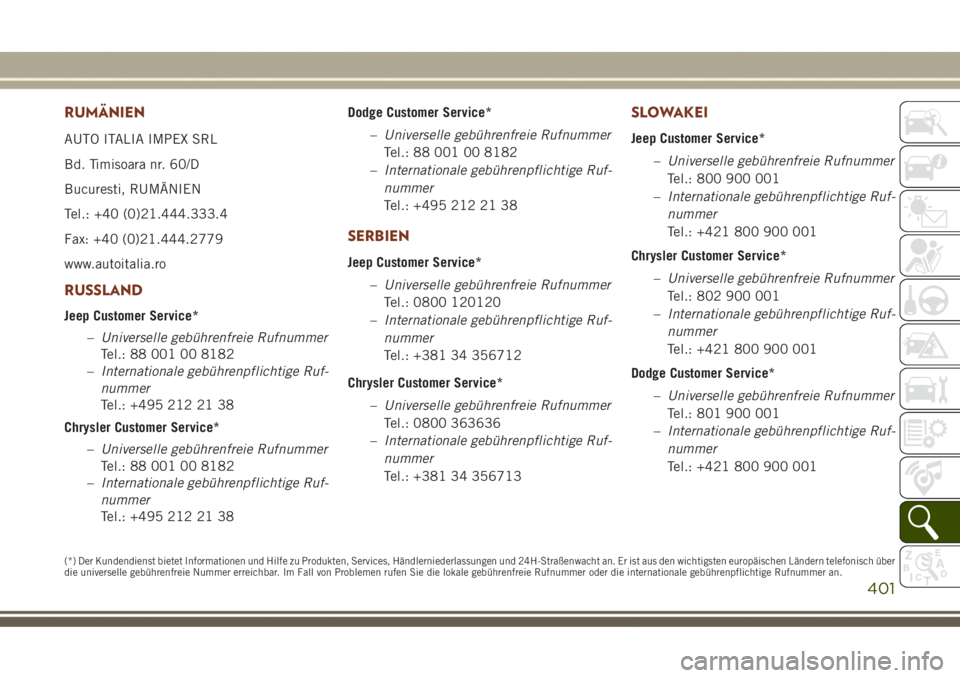 JEEP GRAND CHEROKEE 2017 Betriebsanleitung (in German) RUMÄNIEN
AUTO ITALIA IMPEX SRL
Bd. Timisoara nr. 60/D
Bucuresti, RUMÄNIEN
Tel.: +40 (0)21.444.333.4
Fax: +40 (0)21.444.2779
www.autoitalia.ro
RUSSLAND
Jeep Customer Service*
–Universelle gebühren JEEP GRAND CHEROKEE 2017 Betriebsanleitung (in German) RUMÄNIEN
AUTO ITALIA IMPEX SRL
Bd. Timisoara nr. 60/D
Bucuresti, RUMÄNIEN
Tel.: +40 (0)21.444.333.4
Fax: +40 (0)21.444.2779
www.autoitalia.ro
RUSSLAND
Jeep Customer Service*
–Universelle gebühren