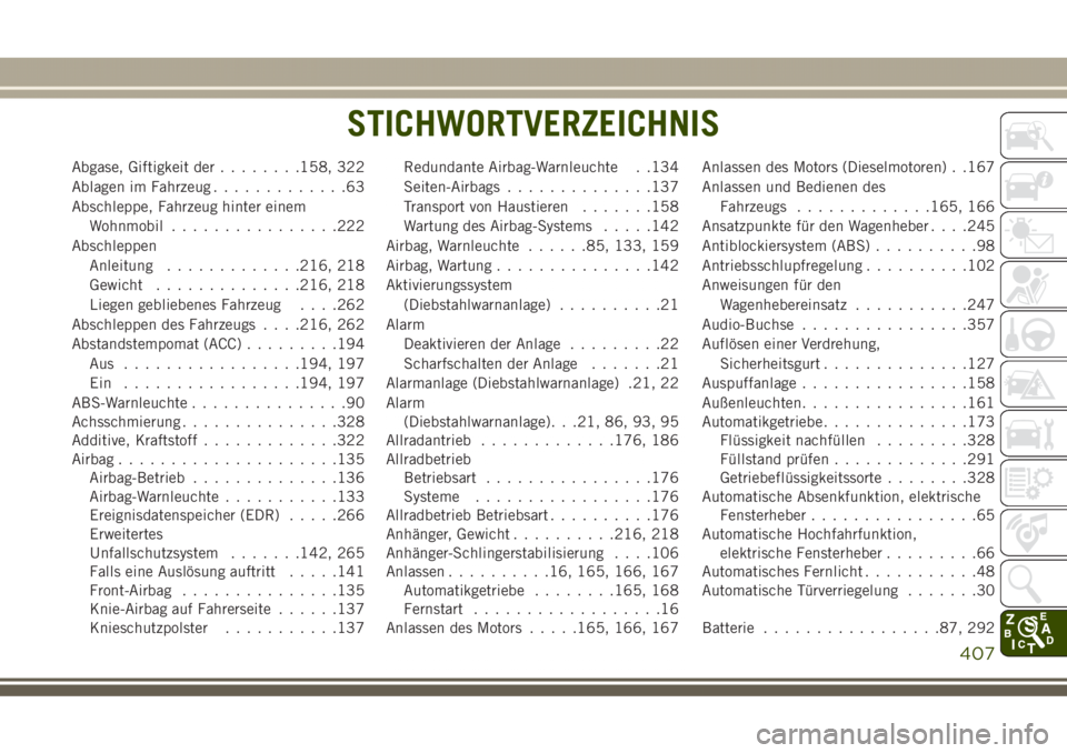 JEEP GRAND CHEROKEE 2017  Betriebsanleitung (in German) Abgase, Giftigkeit der........158, 322
Ablagen im Fahrzeug.............63
Abschleppe, Fahrzeug hinter einem
Wohnmobil................222
Abschleppen
Anleitung.............216, 218
Gewicht.............
