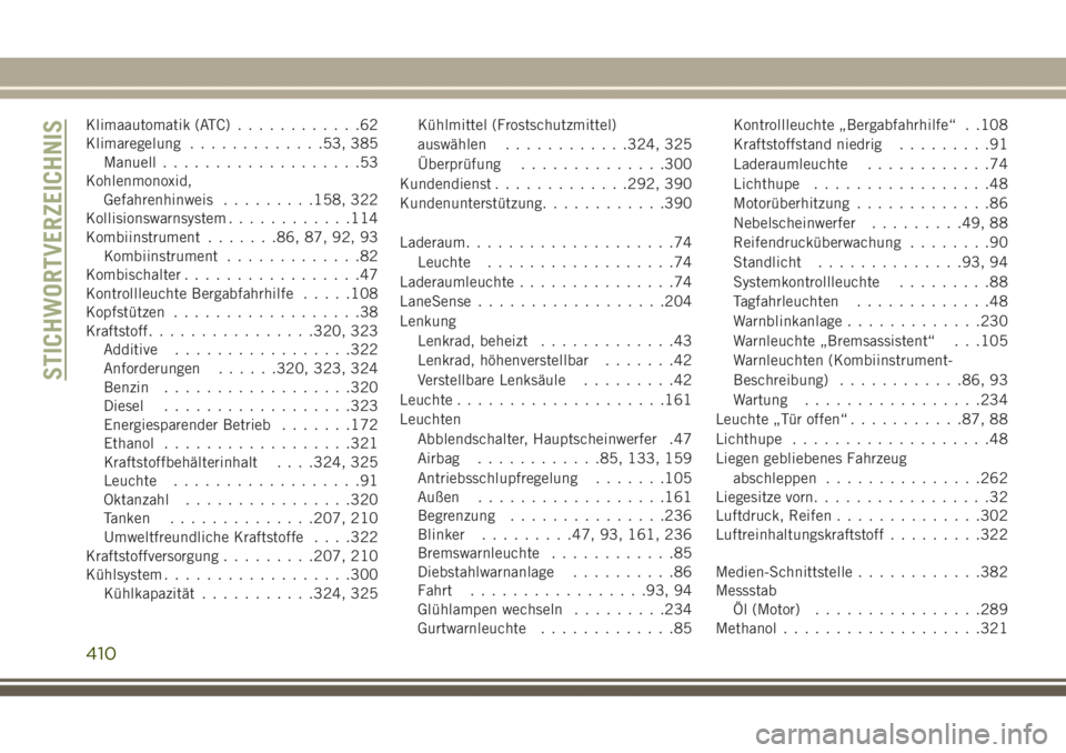 JEEP GRAND CHEROKEE 2017  Betriebsanleitung (in German) Klimaautomatik (ATC)............62
Klimaregelung.............53, 385
Manuell...................53
Kohlenmonoxid,
Gefahrenhinweis.........158, 322
Kollisionswarnsystem............114
Kombiinstrument...