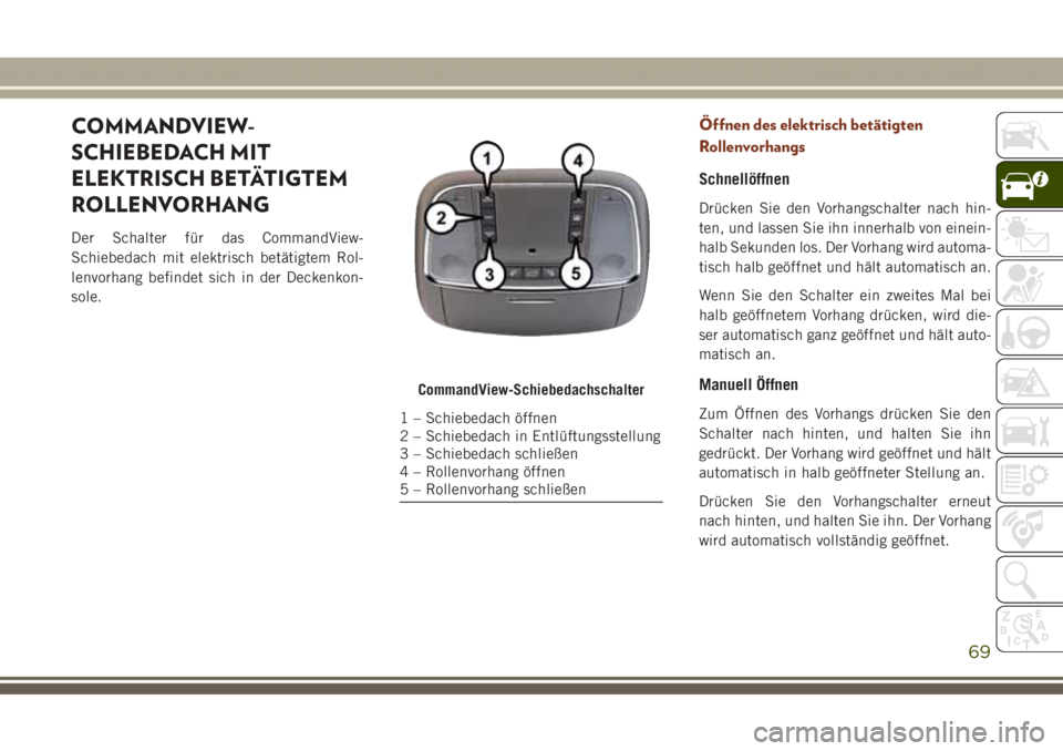 JEEP GRAND CHEROKEE 2017 Betriebsanleitung (in German) COMMANDVIEW-
SCHIEBEDACH MIT
ELEKTRISCH BETÄTIGTEM
ROLLENVORHANG
Der Schalter für das CommandView-
Schiebedach mit elektrisch betätigtem Rol-
lenvorhang befindet sich in der Deckenkon-
sole.
Öffne JEEP GRAND CHEROKEE 2017 Betriebsanleitung (in German) COMMANDVIEW-
SCHIEBEDACH MIT
ELEKTRISCH BETÄTIGTEM
ROLLENVORHANG
Der Schalter für das CommandView-
Schiebedach mit elektrisch betätigtem Rol-
lenvorhang befindet sich in der Deckenkon-
sole.
Öffne
