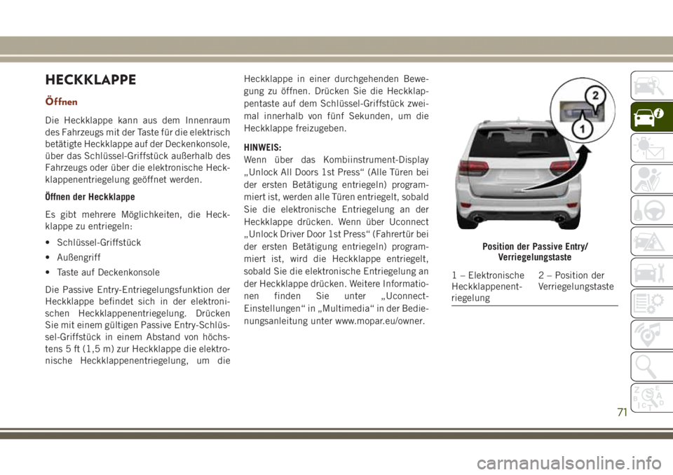 JEEP GRAND CHEROKEE 2017 Betriebsanleitung (in German) HECKKLAPPE
Öffnen
Die Heckklappe kann aus dem Innenraum
des Fahrzeugs mit der Taste für die elektrisch
betätigte Heckklappe auf der Deckenkonsole,
über das Schlüssel-Griffstück außerhalb des
Fa JEEP GRAND CHEROKEE 2017 Betriebsanleitung (in German) HECKKLAPPE
Öffnen
Die Heckklappe kann aus dem Innenraum
des Fahrzeugs mit der Taste für die elektrisch
betätigte Heckklappe auf der Deckenkonsole,
über das Schlüssel-Griffstück außerhalb des
Fa