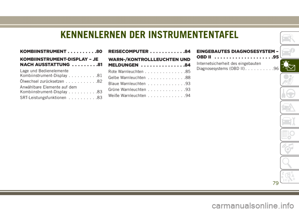 JEEP GRAND CHEROKEE 2017  Betriebsanleitung (in German) KENNENLERNEN DER INSTRUMENTENTAFEL
KOMBIINSTRUMENT..........80
KOMBIINSTRUMENT-DISPLAY – JE
NACH AUSSTATTUNG.........81
Lage und Bedienelemente
Kombiinstrument-Display..........81
Ölwechsel zurück