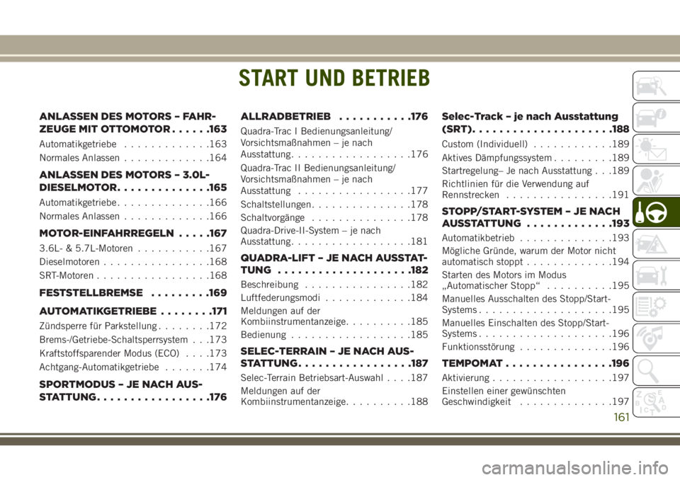 JEEP GRAND CHEROKEE 2018 Betriebsanleitung (in German) START UND BETRIEB
ANLASSEN DES MOTORS – FAHR-
ZEUGE MIT OTTOMOTOR......163
Automatikgetriebe.............163
Normales Anlassen.............164
ANLASSEN DES MOTORS – 3.0L-
DIESELMOTOR.............. JEEP GRAND CHEROKEE 2018 Betriebsanleitung (in German) START UND BETRIEB
ANLASSEN DES MOTORS – FAHR-
ZEUGE MIT OTTOMOTOR......163
Automatikgetriebe.............163
Normales Anlassen.............164
ANLASSEN DES MOTORS – 3.0L-
DIESELMOTOR..............