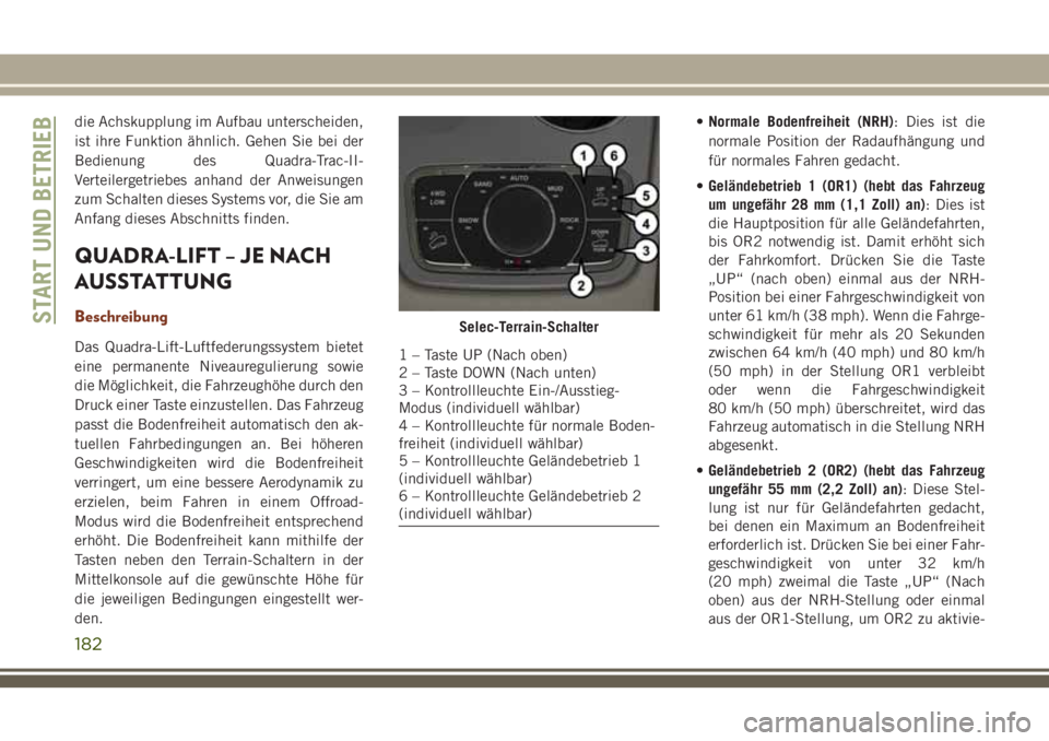 JEEP GRAND CHEROKEE 2018 Betriebsanleitung (in German) die Achskupplung im Aufbau unterscheiden,
ist ihre Funktion ähnlich. Gehen Sie bei der
Bedienung des Quadra-Trac-II-
Verteilergetriebes anhand der Anweisungen
zum Schalten dieses Systems vor, die Sie JEEP GRAND CHEROKEE 2018 Betriebsanleitung (in German) die Achskupplung im Aufbau unterscheiden,
ist ihre Funktion ähnlich. Gehen Sie bei der
Bedienung des Quadra-Trac-II-
Verteilergetriebes anhand der Anweisungen
zum Schalten dieses Systems vor, die Sie