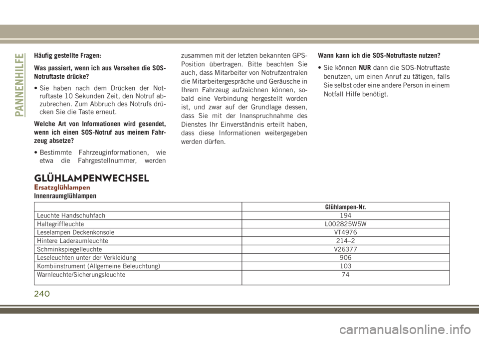 JEEP GRAND CHEROKEE 2018  Betriebsanleitung (in German) Häufig gestellte Fragen:
Was passiert, wenn ich aus Versehen die SOS-
Notruftaste drücke?
• Sie haben nach dem Drücken der Not-
ruftaste 10 Sekunden Zeit, den Notruf ab-
zubrechen. Zum Abbruch de