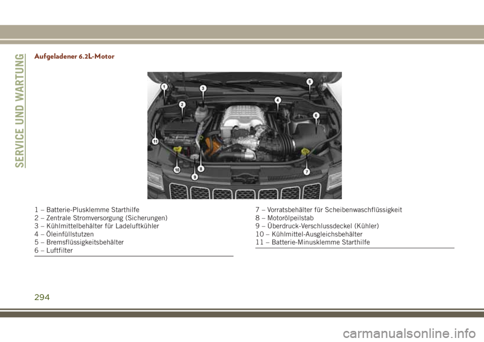 JEEP GRAND CHEROKEE 2018 Betriebsanleitung (in German) Aufgeladener 6.2L-Motor
1 – Batterie-Plusklemme Starthilfe
2 – Zentrale Stromversorgung (Sicherungen)
3 – Kühlmittelbehälter für Ladeluftkühler
4 – Öleinfüllstutzen
5 – Bremsflüssigke JEEP GRAND CHEROKEE 2018 Betriebsanleitung (in German) Aufgeladener 6.2L-Motor
1 – Batterie-Plusklemme Starthilfe
2 – Zentrale Stromversorgung (Sicherungen)
3 – Kühlmittelbehälter für Ladeluftkühler
4 – Öleinfüllstutzen
5 – Bremsflüssigke