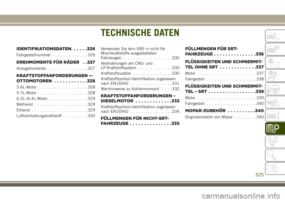 JEEP GRAND CHEROKEE 2018 Betriebsanleitung (in German) TECHNISCHE DATEN
IDENTIFIKATIONSDATEN......326
Fahrgestellnummer.............326
DREHMOMENTE FÜR RÄDER . .327
Anzugsmomente...............327
KRAFTSTOFFANFORDERUNGEN —
OTTOMOTOREN............328
3 JEEP GRAND CHEROKEE 2018 Betriebsanleitung (in German) TECHNISCHE DATEN
IDENTIFIKATIONSDATEN......326
Fahrgestellnummer.............326
DREHMOMENTE FÜR RÄDER . .327
Anzugsmomente...............327
KRAFTSTOFFANFORDERUNGEN —
OTTOMOTOREN............328
3