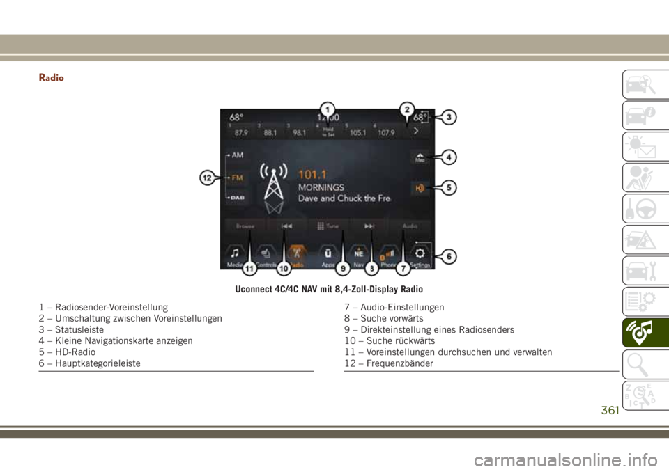 JEEP GRAND CHEROKEE 2018 Betriebsanleitung (in German) Radio
Uconnect 4C/4C NAV mit 8,4-Zoll-Display Radio
1 – Radiosender-Voreinstellung
2 – Umschaltung zwischen Voreinstellungen
3 – Statusleiste
4 – Kleine Navigationskarte anzeigen
5 – HD-Radi JEEP GRAND CHEROKEE 2018 Betriebsanleitung (in German) Radio
Uconnect 4C/4C NAV mit 8,4-Zoll-Display Radio
1 – Radiosender-Voreinstellung
2 – Umschaltung zwischen Voreinstellungen
3 – Statusleiste
4 – Kleine Navigationskarte anzeigen
5 – HD-Radi
