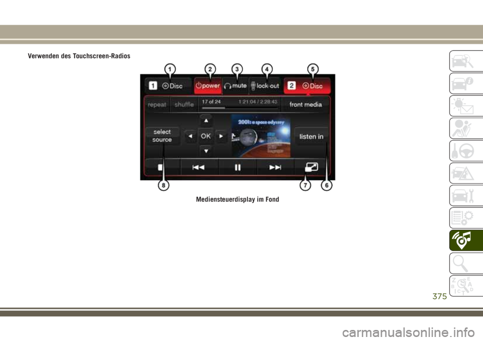 JEEP GRAND CHEROKEE 2018 Betriebsanleitung (in German) Verwenden des Touchscreen-Radios
Mediensteuerdisplay im Fond
375 JEEP GRAND CHEROKEE 2018 Betriebsanleitung (in German) Verwenden des Touchscreen-Radios
Mediensteuerdisplay im Fond
375