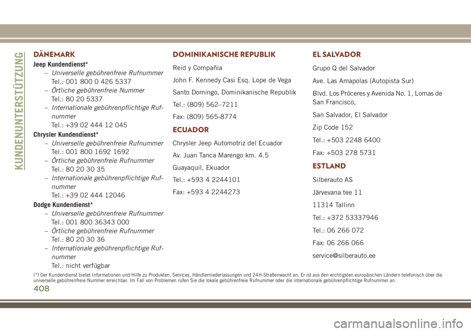 JEEP GRAND CHEROKEE 2018 Betriebsanleitung (in German) DÄNEMARK
Jeep Kundendienst*
–Universelle gebührenfreie Rufnummer
Tel.: 001 800 0 426 5337
–Örtliche gebührenfreie Nummer
Tel.: 80 20 5337
–Internationale gebührenpflichtige Ruf-
nummer
Tel. JEEP GRAND CHEROKEE 2018 Betriebsanleitung (in German) DÄNEMARK
Jeep Kundendienst*
–Universelle gebührenfreie Rufnummer
Tel.: 001 800 0 426 5337
–Örtliche gebührenfreie Nummer
Tel.: 80 20 5337
–Internationale gebührenpflichtige Ruf-
nummer
Tel.