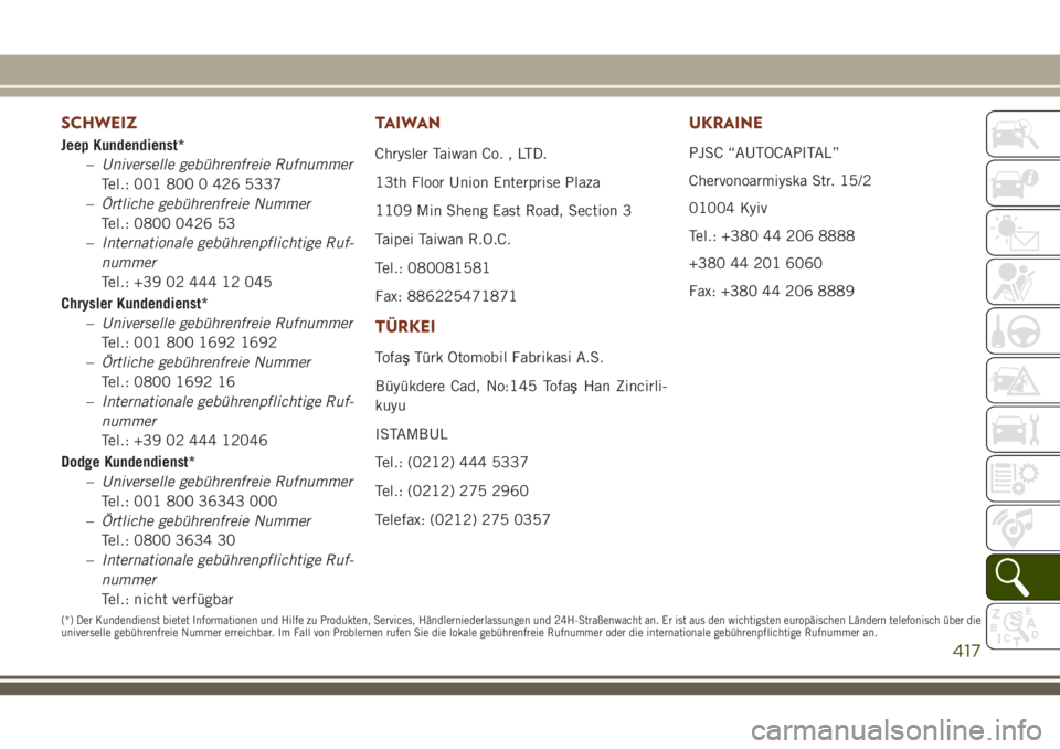 JEEP GRAND CHEROKEE 2018 Betriebsanleitung (in German) SCHWEIZ
Jeep Kundendienst*
–Universelle gebührenfreie Rufnummer
Tel.: 001 800 0 426 5337
–Örtliche gebührenfreie Nummer
Tel.: 0800 0426 53
–Internationale gebührenpflichtige Ruf-
nummer
Tel. JEEP GRAND CHEROKEE 2018 Betriebsanleitung (in German) SCHWEIZ
Jeep Kundendienst*
–Universelle gebührenfreie Rufnummer
Tel.: 001 800 0 426 5337
–Örtliche gebührenfreie Nummer
Tel.: 0800 0426 53
–Internationale gebührenpflichtige Ruf-
nummer
Tel.