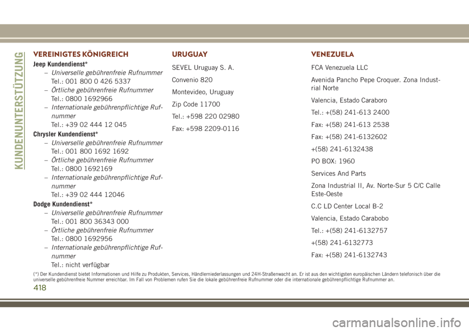 JEEP GRAND CHEROKEE 2018 Betriebsanleitung (in German) VEREINIGTES KÖNIGREICH
Jeep Kundendienst*
–Universelle gebührenfreie Rufnummer
Tel.: 001 800 0 426 5337
–Örtliche gebührenfreie Rufnummer
Tel.: 0800 1692966
–Internationale gebührenpflichti JEEP GRAND CHEROKEE 2018 Betriebsanleitung (in German) VEREINIGTES KÖNIGREICH
Jeep Kundendienst*
–Universelle gebührenfreie Rufnummer
Tel.: 001 800 0 426 5337
–Örtliche gebührenfreie Rufnummer
Tel.: 0800 1692966
–Internationale gebührenpflichti