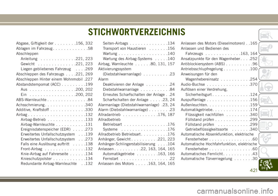 JEEP GRAND CHEROKEE 2018  Betriebsanleitung (in German) Abgase, Giftigkeit der........156, 332
Ablagen im Fahrzeug.............58
Abschleppen
Anleitung.............221, 223
Gewicht..............221, 223
Liegen gebliebenes Fahrzeug. . . .269
Abschleppen des