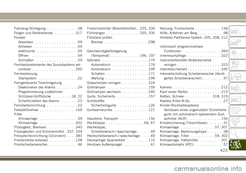 JEEP GRAND CHEROKEE 2018 Betriebsanleitung (in German) Fahrzeug-Stilllegung.............58
Felgen und Reifenblende.........317
Fenster
Absenken..................59
Anheben..................59
elektrische.................59
Öffnen...................59
Sch JEEP GRAND CHEROKEE 2018 Betriebsanleitung (in German) Fahrzeug-Stilllegung.............58
Felgen und Reifenblende.........317
Fenster
Absenken..................59
Anheben..................59
elektrische.................59
Öffnen...................59
Sch