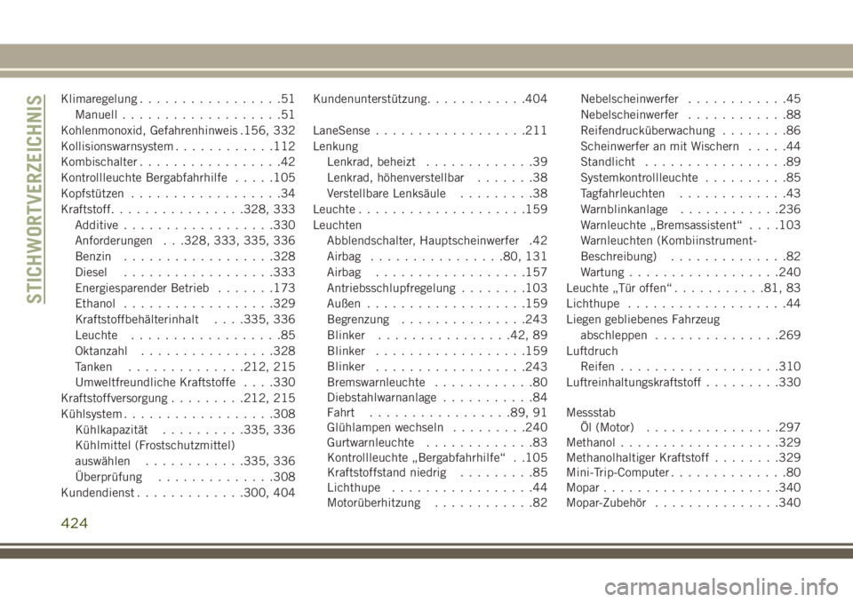 JEEP GRAND CHEROKEE 2018  Betriebsanleitung (in German) Klimaregelung.................51
Manuell...................51
Kohlenmonoxid, Gefahrenhinweis .156, 332
Kollisionswarnsystem............112
Kombischalter.................42
Kontrollleuchte Bergabfahrhi