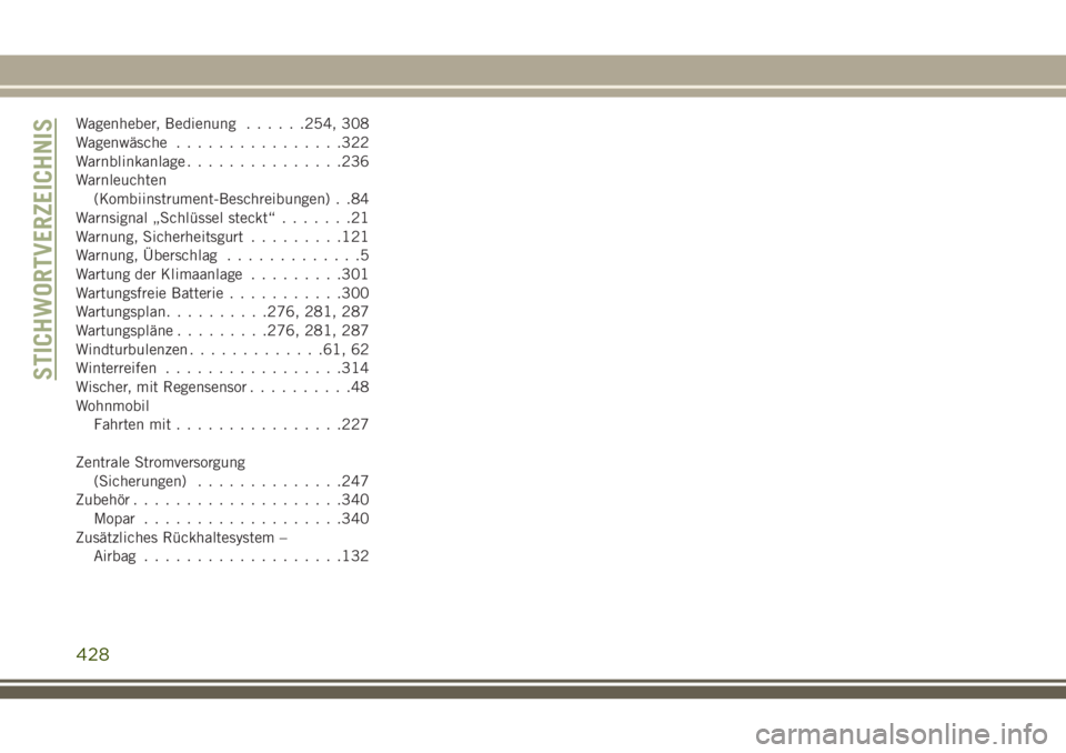 JEEP GRAND CHEROKEE 2018  Betriebsanleitung (in German) Wagenheber, Bedienung......254, 308
Wagenwäsche................322
Warnblinkanlage...............236
Warnleuchten
(Kombiinstrument-Beschreibungen) . .84
Warnsignal „Schlüssel steckt“.......21
Wa