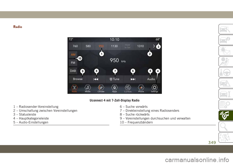 JEEP GRAND CHEROKEE 2021  Betriebsanleitung (in German) Radio
Uconnect 4 mit 7-Zoll-Display Radio
1 – Radiosender-Voreinstellung
2 – Umschaltung zwischen Voreinstellungen
3 – Statusleiste
4 – Hauptkategorieleiste
5 – Audio-Einstellungen6 – Such