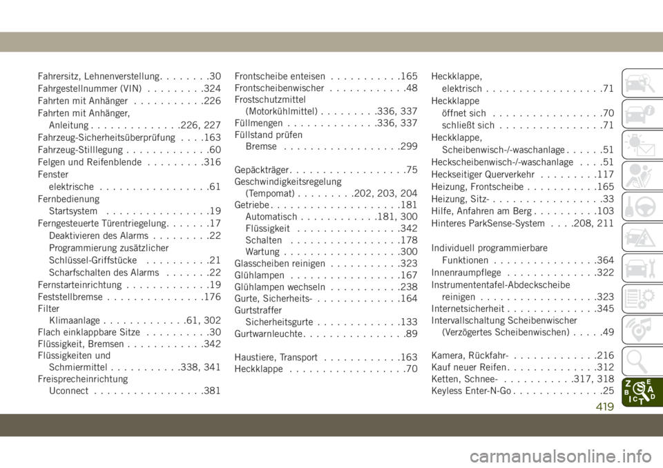 JEEP GRAND CHEROKEE 2019  Betriebsanleitung (in German) Fahrersitz, Lehnenverstellung........30
Fahrgestellnummer (VIN).........324
Fahrten mit Anhänger...........226
Fahrten mit Anhänger,
Anleitung..............226, 227
Fahrzeug-Sicherheitsüberprüfung