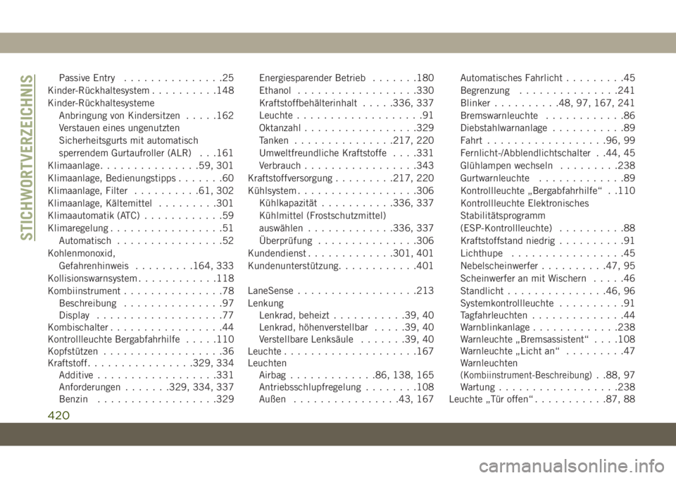 JEEP GRAND CHEROKEE 2021 Betriebsanleitung (in German) Passive Entry...............25
Kinder-Rückhaltesystem..........148
Kinder-Rückhaltesysteme
Anbringung von Kindersitzen.....162
Verstauen eines ungenutzten
Sicherheitsgurts mit automatisch
sperrendem JEEP GRAND CHEROKEE 2021 Betriebsanleitung (in German) Passive Entry...............25
Kinder-Rückhaltesystem..........148
Kinder-Rückhaltesysteme
Anbringung von Kindersitzen.....162
Verstauen eines ungenutzten
Sicherheitsgurts mit automatisch
sperrendem