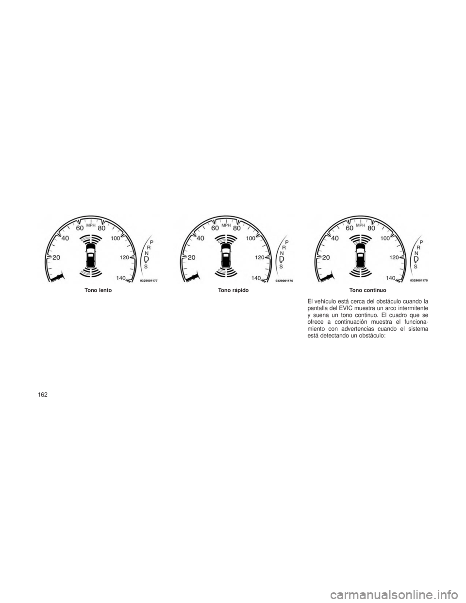 JEEP GRAND CHEROKEE 2013 Manual de Empleo y Cuidado (in Spanish) El vehículo está cerca del obstáculo cuando la
pantalla del EVIC muestra un arco intermitente
y suena un tono continuo. El cuadro que se
ofrece a continuación muestra el funciona-
miento con adver JEEP GRAND CHEROKEE 2013 Manual de Empleo y Cuidado (in Spanish) El vehículo está cerca del obstáculo cuando la
pantalla del EVIC muestra un arco intermitente
y suena un tono continuo. El cuadro que se
ofrece a continuación muestra el funciona-
miento con adver
