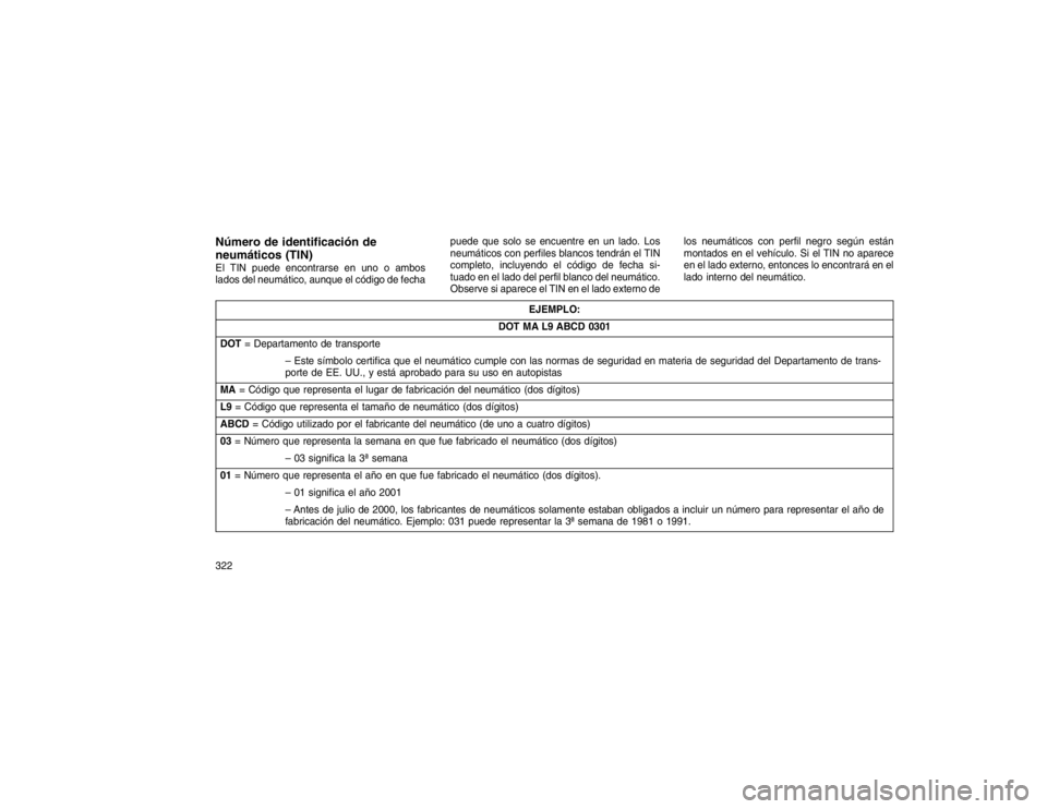 JEEP GRAND CHEROKEE 2015 Manual de Empleo y Cuidado (in Spanish) Número de identificación de
neumáticos (TIN)El TIN puede encontrarse en uno o ambos
lados del neumático, aunque el código de fechapuede que solo se encuentre en un lado. Los
neumáticos con perfi JEEP GRAND CHEROKEE 2015 Manual de Empleo y Cuidado (in Spanish) Número de identificación de
neumáticos (TIN)El TIN puede encontrarse en uno o ambos
lados del neumático, aunque el código de fechapuede que solo se encuentre en un lado. Los
neumáticos con perfi