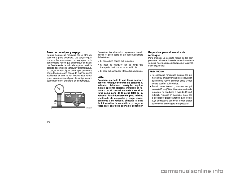 JEEP GRAND CHEROKEE 2015 Manual de Empleo y Cuidado (in Spanish) Peso de remolque y espigaCargue siempre un remolque con el 60% del
peso en la parte delantera. Las cargas equili-
bradas sobre las ruedas o con mayor peso en la
parte trasera hacen que el remolque se JEEP GRAND CHEROKEE 2015 Manual de Empleo y Cuidado (in Spanish) Peso de remolque y espigaCargue siempre un remolque con el 60% del
peso en la parte delantera. Las cargas equili-
bradas sobre las ruedas o con mayor peso en la
parte trasera hacen que el remolque se
