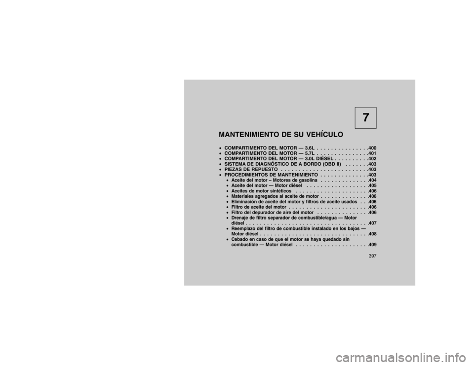 JEEP GRAND CHEROKEE 2015 Manual de Empleo y Cuidado (in Spanish) 7
MANTENIMIENTO DE SU VEHÍCULO
COMPARTIMENTO DEL MOTOR — 3.6L . . . . . . . . . . . . . . .400
COMPARTIMENTO DEL MOTOR — 5.7L . . . . . . . . . . . . . . .401
COMPARTIMENTO DEL MOTOR — 3. JEEP GRAND CHEROKEE 2015 Manual de Empleo y Cuidado (in Spanish) 7
MANTENIMIENTO DE SU VEHÍCULO
COMPARTIMENTO DEL MOTOR — 3.6L . . . . . . . . . . . . . . .400
COMPARTIMENTO DEL MOTOR — 5.7L . . . . . . . . . . . . . . .401
COMPARTIMENTO DEL MOTOR — 3.
