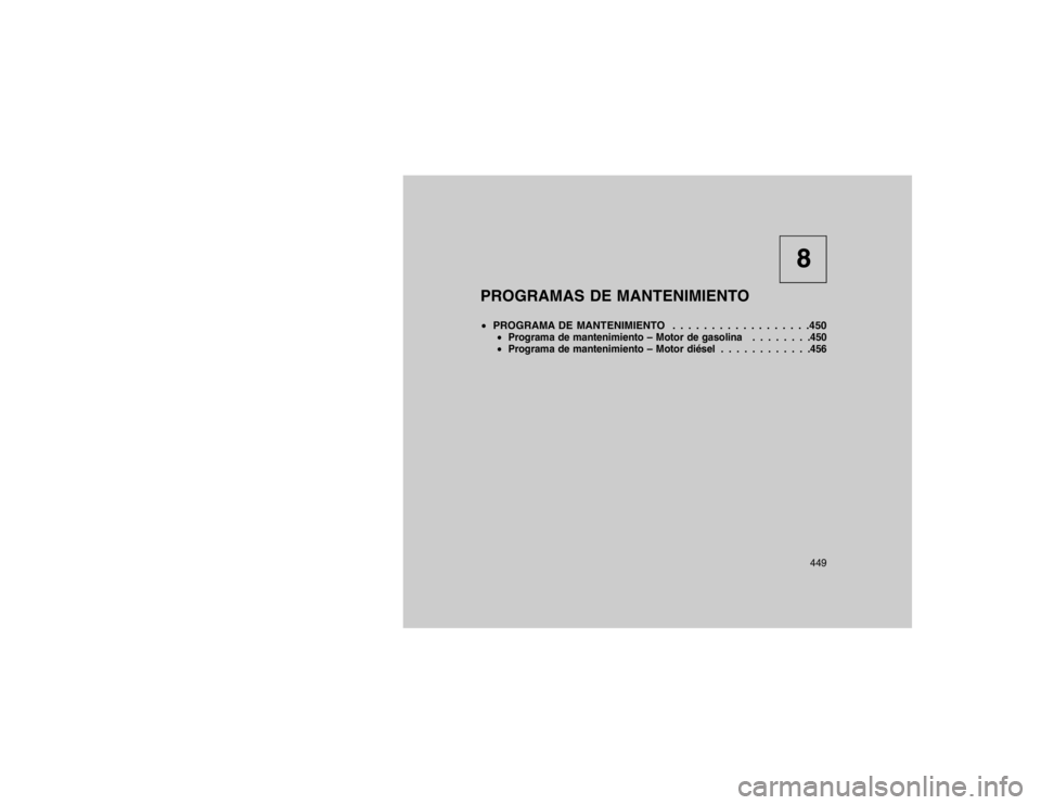 JEEP GRAND CHEROKEE 2015  Manual de Empleo y Cuidado (in Spanish) 8
PROGRAMAS DE MANTENIMIENTO
 PROGRAMA DE MANTENIMIENTO . . . . . . . . . . . . . . . . . .450
Programa de mantenimiento – Motor de gasolina . . . . . . . .450
 Programa de mantenimiento – Moto