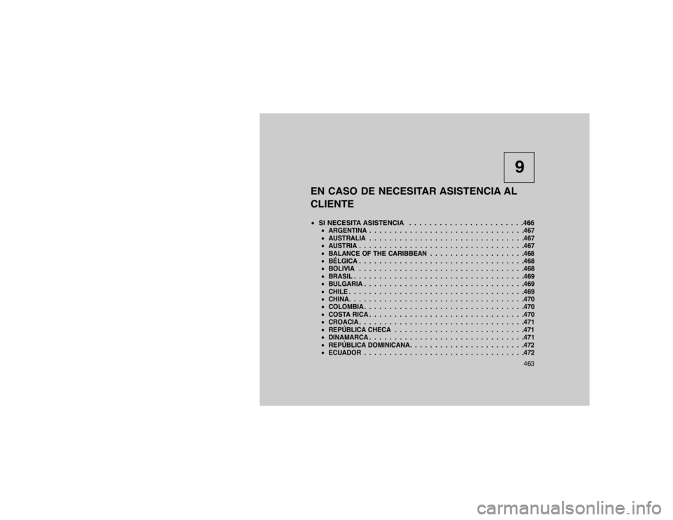 JEEP GRAND CHEROKEE 2015 Manual de Empleo y Cuidado (in Spanish) 9
EN CASO DE NECESITAR ASISTENCIA AL
CLIENTE
SI NECESITA ASISTENCIA . . . . . . . . . . . . . . . . . . . . . . .466
ARGENTINA . . . . . . . . . . . . . . . . . . . . . . . . . . . . . . .467
AUS JEEP GRAND CHEROKEE 2015 Manual de Empleo y Cuidado (in Spanish) 9
EN CASO DE NECESITAR ASISTENCIA AL
CLIENTE
SI NECESITA ASISTENCIA . . . . . . . . . . . . . . . . . . . . . . .466
ARGENTINA . . . . . . . . . . . . . . . . . . . . . . . . . . . . . . .467
AUS