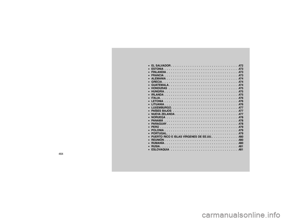 JEEP GRAND CHEROKEE 2015  Manual de Empleo y Cuidado (in Spanish) EL SALVADOR . . . . . . . . . . . . . . . . . . . . . . . . . . . . . . . .472
 ESTONIA . . . . . . . . . . . . . . . . . . . . . . . . . . . . . . . . . . .473
 FINLANDIA . . . . . . . . . . . . .