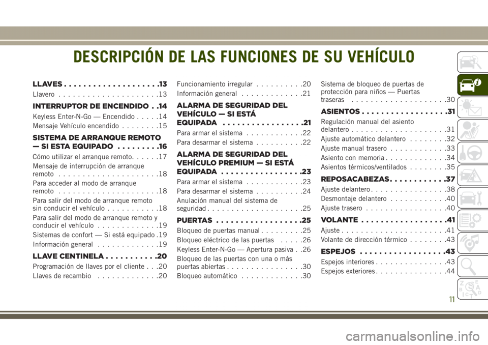 JEEP GRAND CHEROKEE 2017 Manual de Empleo y Cuidado (in Spanish) DESCRIPCIÓN DE LAS FUNCIONES DE SU VEHÍCULO
LLAVES....................13
Llavero.....................13
INTERRUPTOR DE ENCENDIDO . .14
Keyless Enter-N-Go — Encendido.....14
Mensaje Vehículo encen JEEP GRAND CHEROKEE 2017 Manual de Empleo y Cuidado (in Spanish) DESCRIPCIÓN DE LAS FUNCIONES DE SU VEHÍCULO
LLAVES....................13
Llavero.....................13
INTERRUPTOR DE ENCENDIDO . .14
Keyless Enter-N-Go — Encendido.....14
Mensaje Vehículo encen
