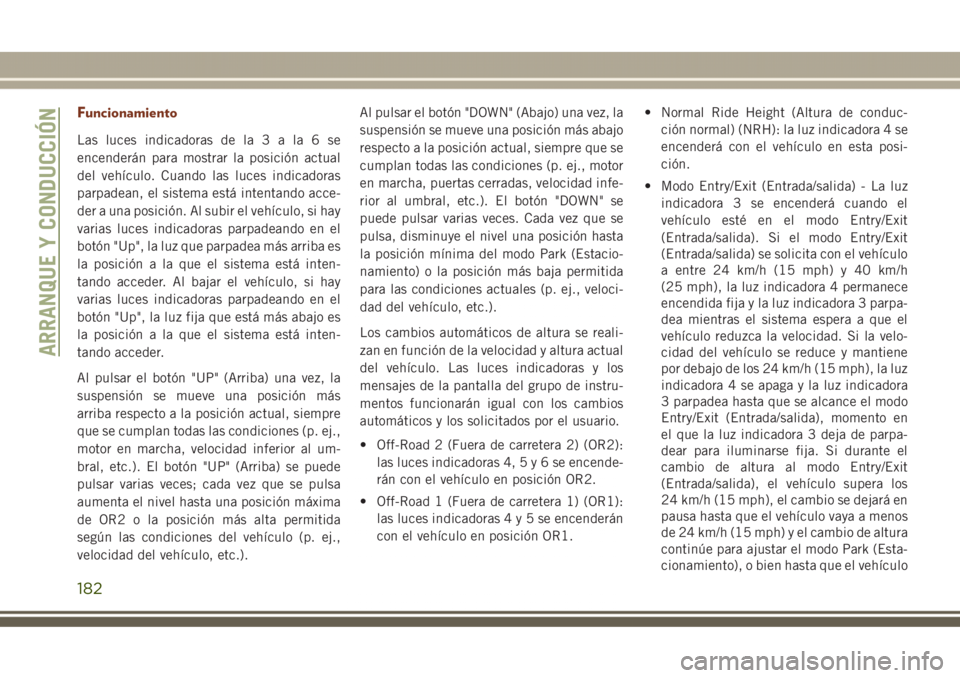 JEEP GRAND CHEROKEE 2017 Manual de Empleo y Cuidado (in Spanish) Funcionamiento
Las luces indicadoras de la3ala6se
encenderán para mostrar la posición actual
del vehículo. Cuando las luces indicadoras
parpadean, el sistema está intentando acce-
der a una posici JEEP GRAND CHEROKEE 2017 Manual de Empleo y Cuidado (in Spanish) Funcionamiento
Las luces indicadoras de la3ala6se
encenderán para mostrar la posición actual
del vehículo. Cuando las luces indicadoras
parpadean, el sistema está intentando acce-
der a una posici