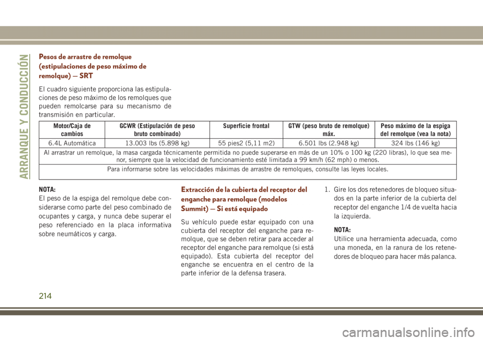 JEEP GRAND CHEROKEE 2017  Manual de Empleo y Cuidado (in Spanish) Pesos de arrastre de remolque
(estipulaciones de peso máximo de
remolque) — SRT
El cuadro siguiente proporciona las estipula-
ciones de peso máximo de los remolques que
pueden remolcarse para su m