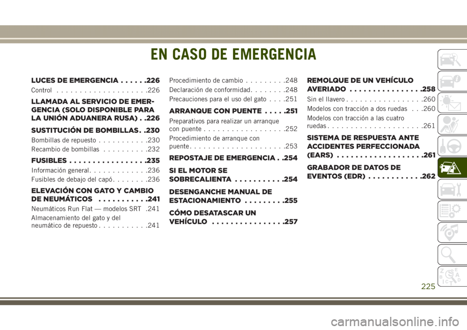 JEEP GRAND CHEROKEE 2017  Manual de Empleo y Cuidado (in Spanish) EN CASO DE EMERGENCIA
LUCES DE EMERGENCIA......226
Control....................226
LLAMADA AL SERVICIO DE EMER-
GENCIA (SOLO DISPONIBLE PARA
LA UNIÓN ADUANERA RUSA) . .226
SUSTITUCIÓN DE BOMBILLAS . 