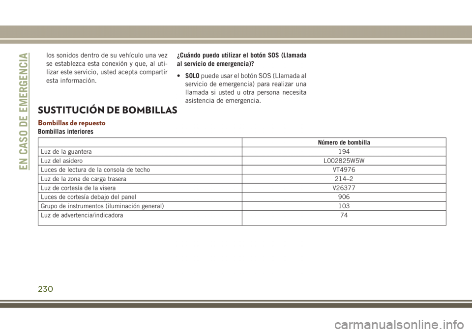 JEEP GRAND CHEROKEE 2017 Manual de Empleo y Cuidado (in Spanish) los sonidos dentro de su vehículo una vez
se establezca esta conexión y que, al uti-
lizar este servicio, usted acepta compartir
esta información.¿Cuándo puedo utilizar el botón SOS (Llamada
al JEEP GRAND CHEROKEE 2017 Manual de Empleo y Cuidado (in Spanish) los sonidos dentro de su vehículo una vez
se establezca esta conexión y que, al uti-
lizar este servicio, usted acepta compartir
esta información.¿Cuándo puedo utilizar el botón SOS (Llamada
al