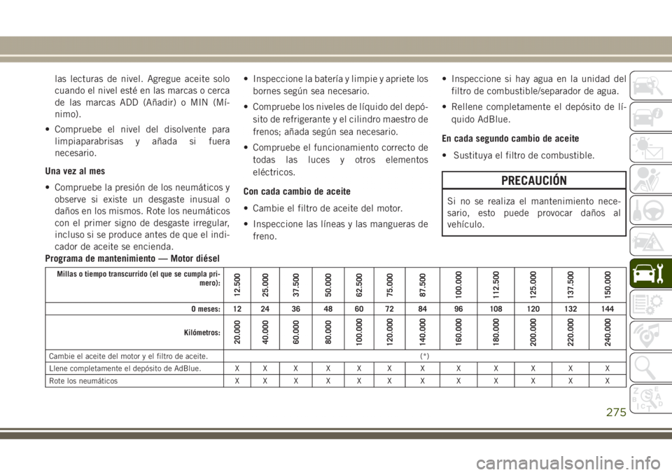 JEEP GRAND CHEROKEE 2017  Manual de Empleo y Cuidado (in Spanish) las lecturas de nivel. Agregue aceite solo
cuando el nivel esté en las marcas o cerca
de las marcas ADD (Añadir) o MIN (Mí-
nimo).
• Compruebe el nivel del disolvente para
limpiaparabrisas y aña