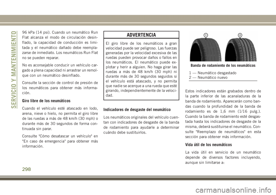 JEEP GRAND CHEROKEE 2017 Manual de Empleo y Cuidado (in Spanish) 96 kPa (14 psi). Cuando un neumático Run
Flat alcanza el modo de circulación desin-
flado, la capacidad de conducción es limi-
tada y el neumático dañado debe reempla-
zarse de inmediato. Los neu JEEP GRAND CHEROKEE 2017 Manual de Empleo y Cuidado (in Spanish) 96 kPa (14 psi). Cuando un neumático Run
Flat alcanza el modo de circulación desin-
flado, la capacidad de conducción es limi-
tada y el neumático dañado debe reempla-
zarse de inmediato. Los neu