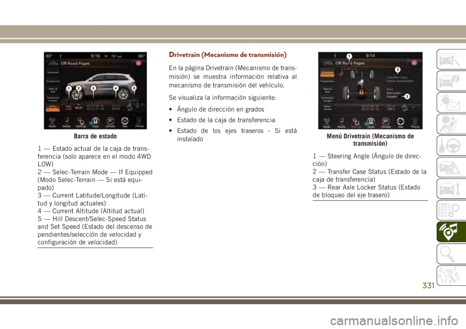 JEEP GRAND CHEROKEE 2017 Manual de Empleo y Cuidado (in Spanish) Drivetrain (Mecanismo de transmisión)
En la página Drivetrain (Mecanismo de trans-
misión) se muestra información relativa al
mecanismo de transmisión del vehículo.
Se visualiza la información JEEP GRAND CHEROKEE 2017 Manual de Empleo y Cuidado (in Spanish) Drivetrain (Mecanismo de transmisión)
En la página Drivetrain (Mecanismo de trans-
misión) se muestra información relativa al
mecanismo de transmisión del vehículo.
Se visualiza la información