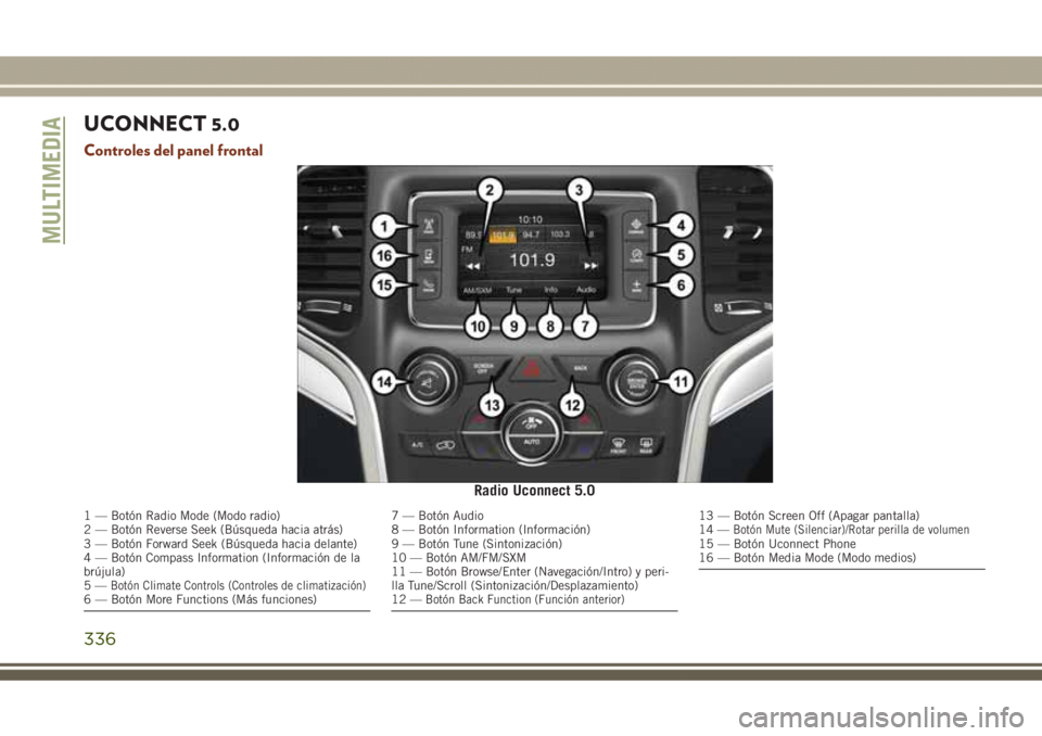JEEP GRAND CHEROKEE 2017 Manual de Empleo y Cuidado (in Spanish) UCONNECT 5.0
Controles del panel frontal
Radio Uconnect 5.0
1 — Botón Radio Mode (Modo radio)
2 — Botón Reverse Seek (Búsqueda hacia atrás)
3 — Botón Forward Seek (Búsqueda hacia delante)
JEEP GRAND CHEROKEE 2017 Manual de Empleo y Cuidado (in Spanish) UCONNECT 5.0
Controles del panel frontal
Radio Uconnect 5.0
1 — Botón Radio Mode (Modo radio)
2 — Botón Reverse Seek (Búsqueda hacia atrás)
3 — Botón Forward Seek (Búsqueda hacia delante)