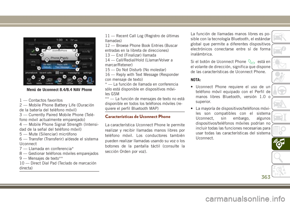 JEEP GRAND CHEROKEE 2017  Manual de Empleo y Cuidado (in Spanish) 1 — Contactos favoritos
2 — Mobile Phone Battery Life (Duración
de la batería del teléfono móvil)
3 — Currently Paired Mobile Phone (Telé-
fono móvil actualmente emparejado)
4 — Mobile P