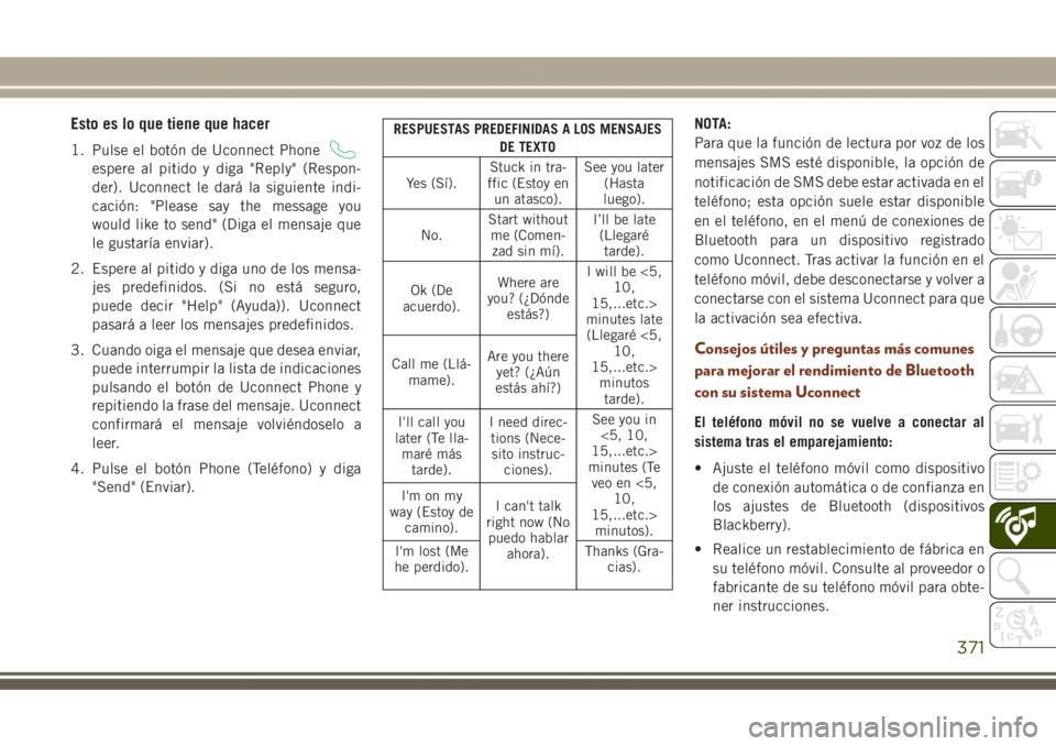 JEEP GRAND CHEROKEE 2017 Manual de Empleo y Cuidado (in Spanish) Esto es lo que tiene que hacer
1. Pulse el botón de Uconnect Phone
espere al pitido y diga "Reply" (Respon-
der). Uconnect le dará la siguiente indi-
cación: "Please say the message you JEEP GRAND CHEROKEE 2017 Manual de Empleo y Cuidado (in Spanish) Esto es lo que tiene que hacer
1. Pulse el botón de Uconnect Phone
espere al pitido y diga "Reply" (Respon-
der). Uconnect le dará la siguiente indi-
cación: "Please say the message you