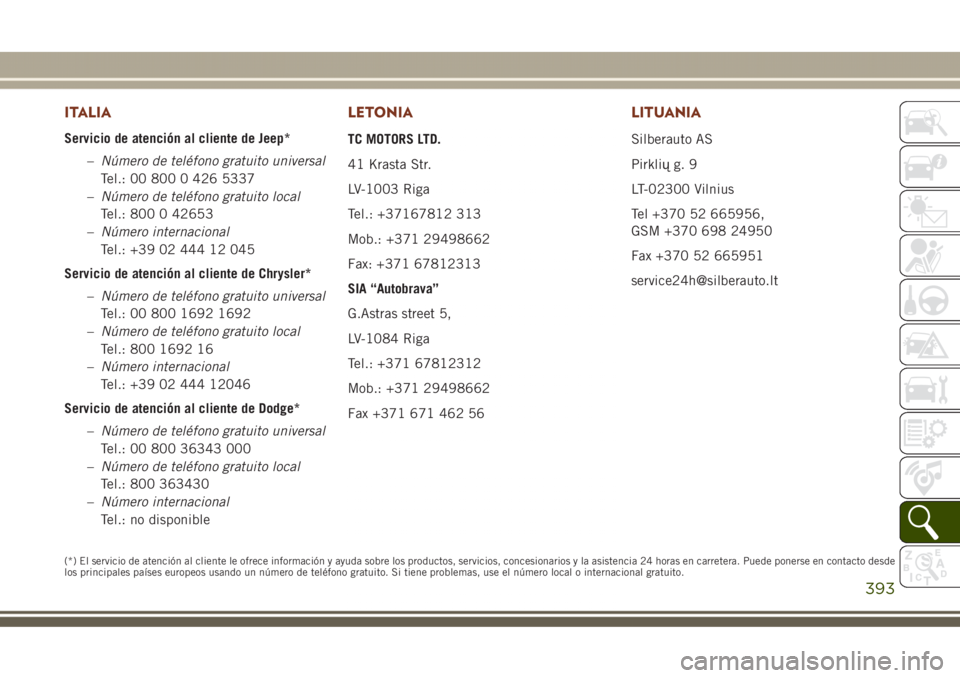 JEEP GRAND CHEROKEE 2017 Manual de Empleo y Cuidado (in Spanish) ITALIA
Servicio de atención al cliente de Jeep*
–Número de teléfono gratuito universal
Tel.: 00 800 0 426 5337
–Número de teléfono gratuito local
Tel.: 800 0 42653
–Número internacional
Te JEEP GRAND CHEROKEE 2017 Manual de Empleo y Cuidado (in Spanish) ITALIA
Servicio de atención al cliente de Jeep*
–Número de teléfono gratuito universal
Tel.: 00 800 0 426 5337
–Número de teléfono gratuito local
Tel.: 800 0 42653
–Número internacional
Te