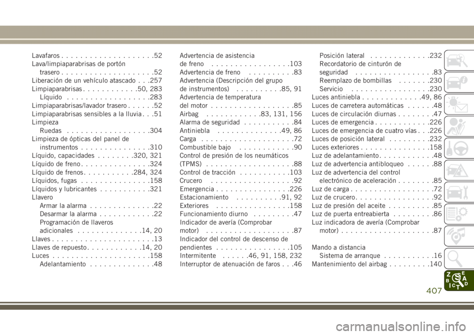 JEEP GRAND CHEROKEE 2017 Manual de Empleo y Cuidado (in Spanish) Lavafaros....................52
Lava/limpiaparabrisas de portón
trasero....................52
Liberación de un vehículo atascado . . .257
Limpiaparabrisas............50, 283
Líquido............... JEEP GRAND CHEROKEE 2017 Manual de Empleo y Cuidado (in Spanish) Lavafaros....................52
Lava/limpiaparabrisas de portón
trasero....................52
Liberación de un vehículo atascado . . .257
Limpiaparabrisas............50, 283
Líquido...............