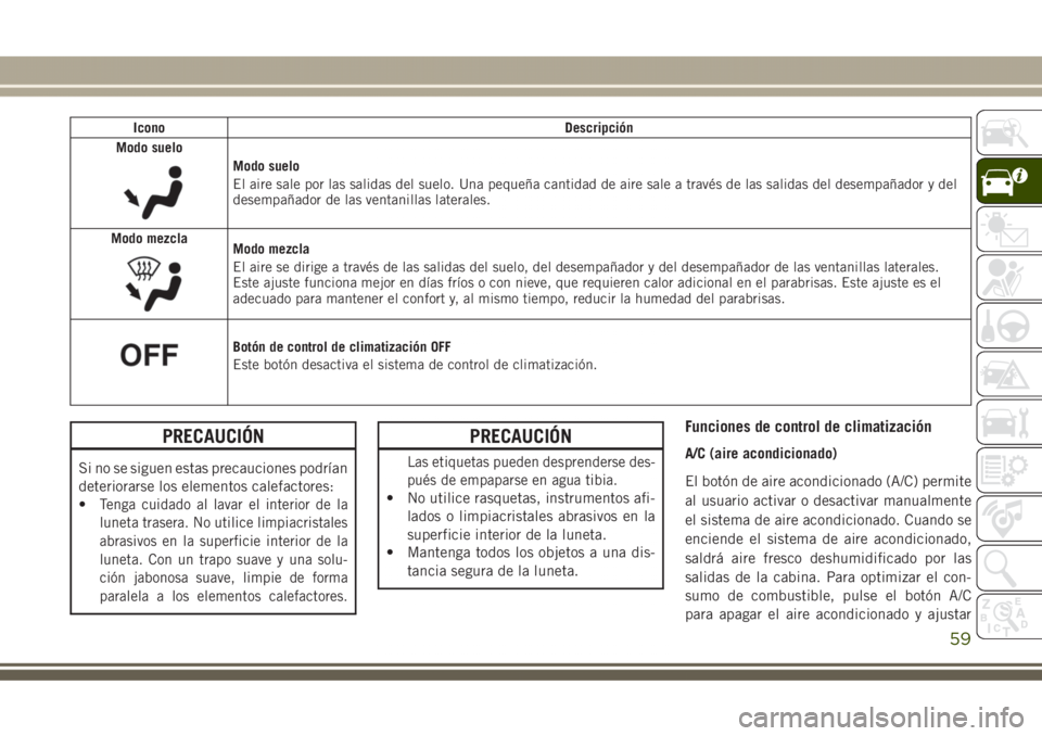 JEEP GRAND CHEROKEE 2017 Manual de Empleo y Cuidado (in Spanish) Icono Descripción
Modo suelo
Modo suelo
El aire sale por las salidas del suelo. Una pequeña cantidad de aire sale a través de las salidas del desempañador y del
desempañador de las ventanillas la JEEP GRAND CHEROKEE 2017 Manual de Empleo y Cuidado (in Spanish) Icono Descripción
Modo suelo
Modo suelo
El aire sale por las salidas del suelo. Una pequeña cantidad de aire sale a través de las salidas del desempañador y del
desempañador de las ventanillas la