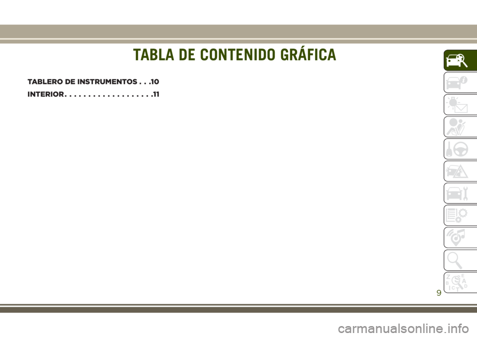 JEEP GRAND CHEROKEE 2018  Manual de Empleo y Cuidado (in Spanish) TABLA DE CONTENIDO GRÁFICA
TABLERO DE INSTRUMENTOS . . .10
INTERIOR...................11
TABLA DE CONTENIDO GRÁFICA
9 
