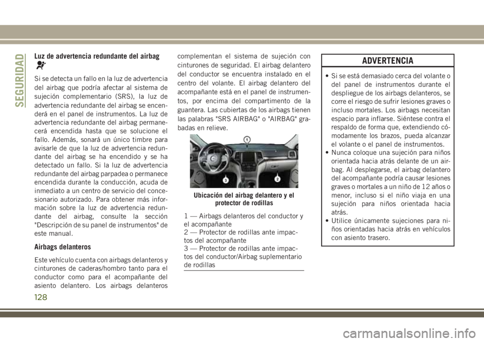 JEEP GRAND CHEROKEE 2018 Manual de Empleo y Cuidado (in Spanish) Luz de advertencia redundante del airbag
Si se detecta un fallo en la luz de advertencia
del airbag que podría afectar al sistema de
sujeción complementario (SRS), la luz de
advertencia redundante d JEEP GRAND CHEROKEE 2018 Manual de Empleo y Cuidado (in Spanish) Luz de advertencia redundante del airbag
Si se detecta un fallo en la luz de advertencia
del airbag que podría afectar al sistema de
sujeción complementario (SRS), la luz de
advertencia redundante d