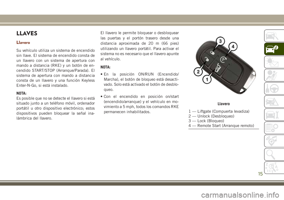 JEEP GRAND CHEROKEE 2018 Manual de Empleo y Cuidado (in Spanish) LLAVES
Llavero
Su vehículo utiliza un sistema de encendido
sin llave. El sistema de encendido consta de
un llavero con un sistema de apertura con
mando a distancia (RKE) y un botón de en-
cendido ST JEEP GRAND CHEROKEE 2018 Manual de Empleo y Cuidado (in Spanish) LLAVES
Llavero
Su vehículo utiliza un sistema de encendido
sin llave. El sistema de encendido consta de
un llavero con un sistema de apertura con
mando a distancia (RKE) y un botón de en-
cendido ST