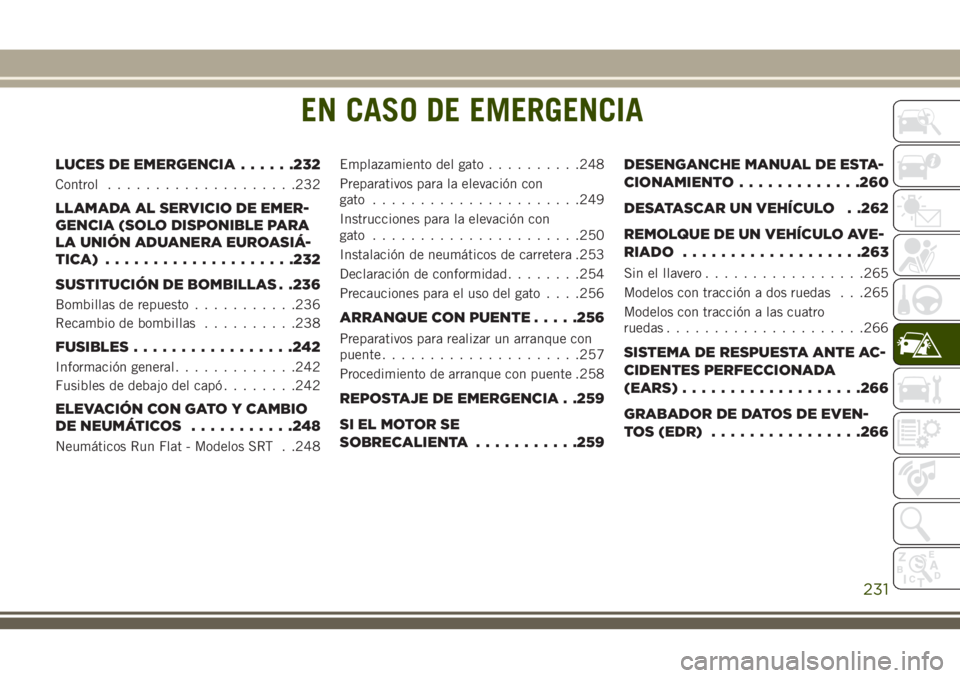 JEEP GRAND CHEROKEE 2018  Manual de Empleo y Cuidado (in Spanish) EN CASO DE EMERGENCIA
LUCES DE EMERGENCIA......232
Control....................232
LLAMADA AL SERVICIO DE EMER-
GENCIA (SOLO DISPONIBLE PARA
LA UNIÓN ADUANERA EUROASIÁ-
TICA) ....................232
